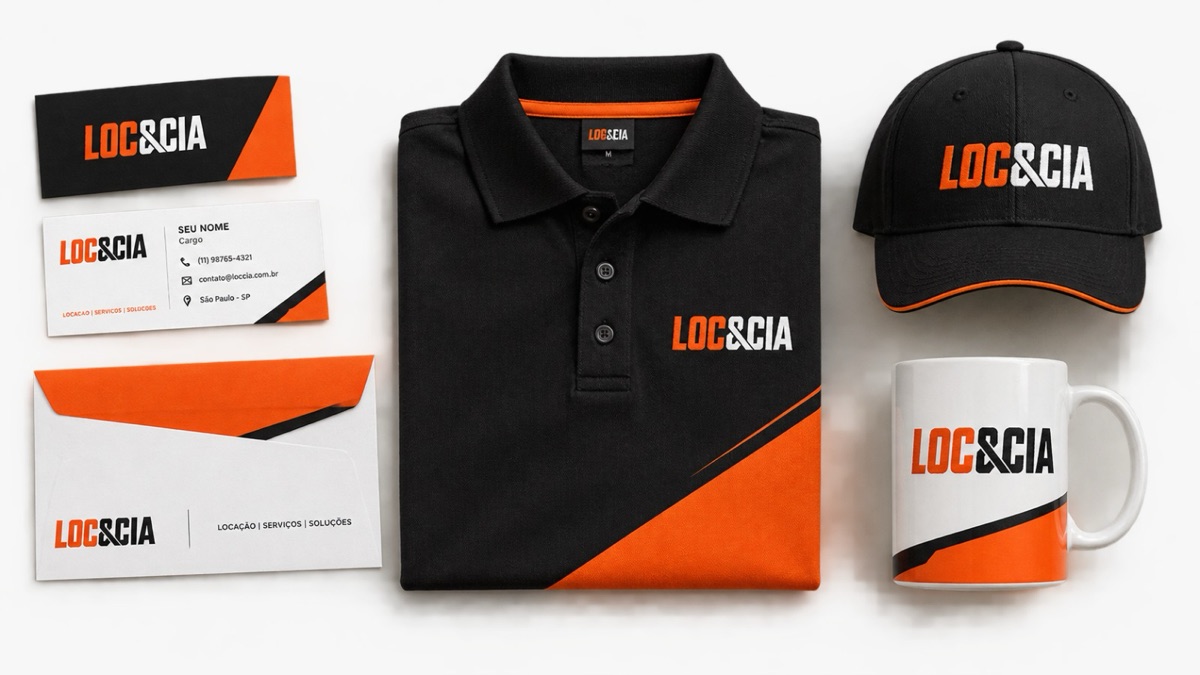 Camisa polo, boné, caneca, cartão de visita e envelope com a marca LOC e CIA